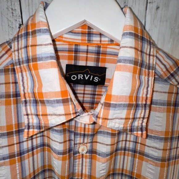 ORVIS Short Sleeve Button Down Shirt Mens Size M Orange White Linen Blend Plaid - Picture 1 of 9
